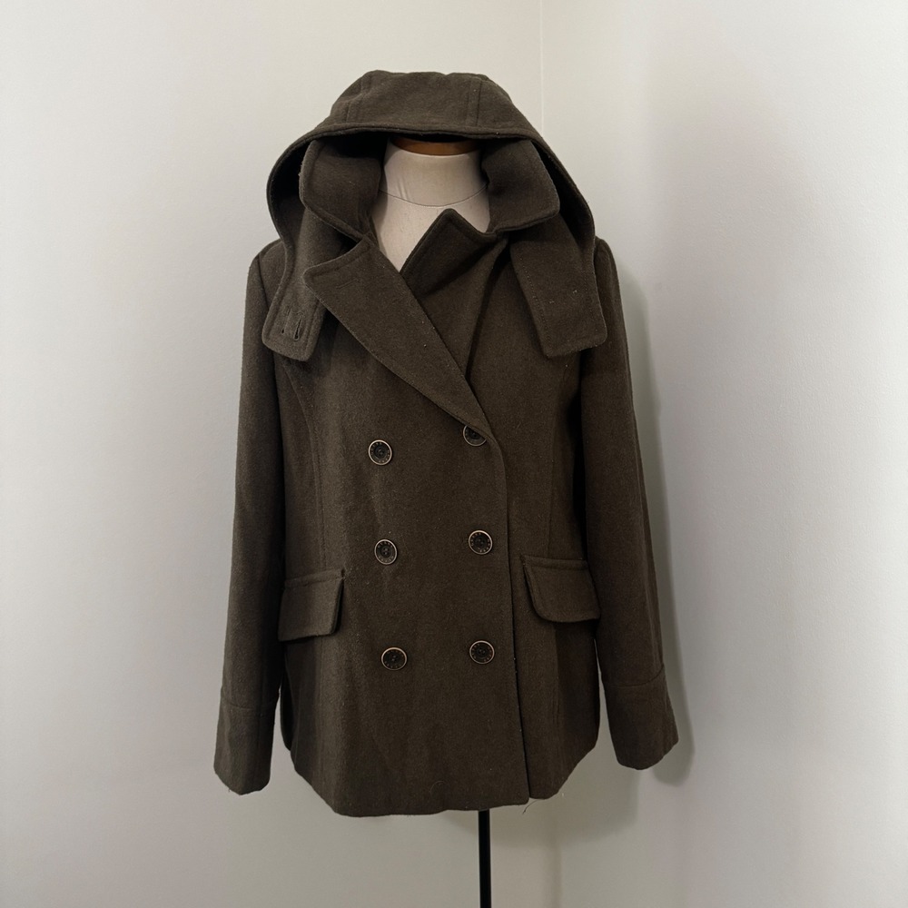 Guess Large Green Wool Blend Double Breasted Peacoat Coat w/ Hood Vintage Y2K